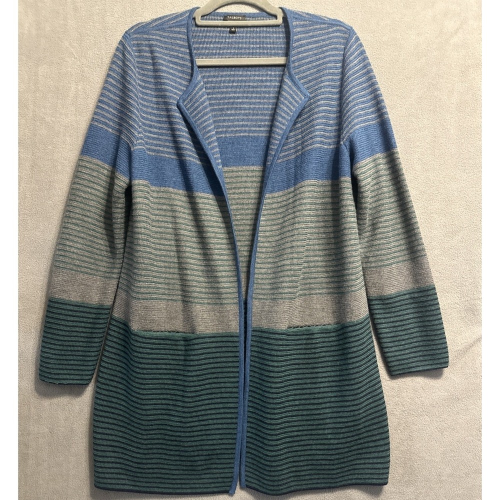 Talbots Pure Merino Wool Open Front Duster Cardigan Size L Striped Blue Gray